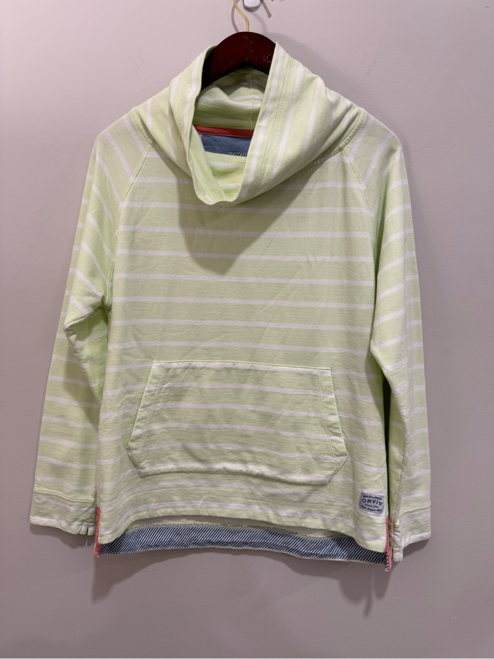 Orvis Light Green White Striped Cowl Neck Pullover Sweatshirt | Size Small